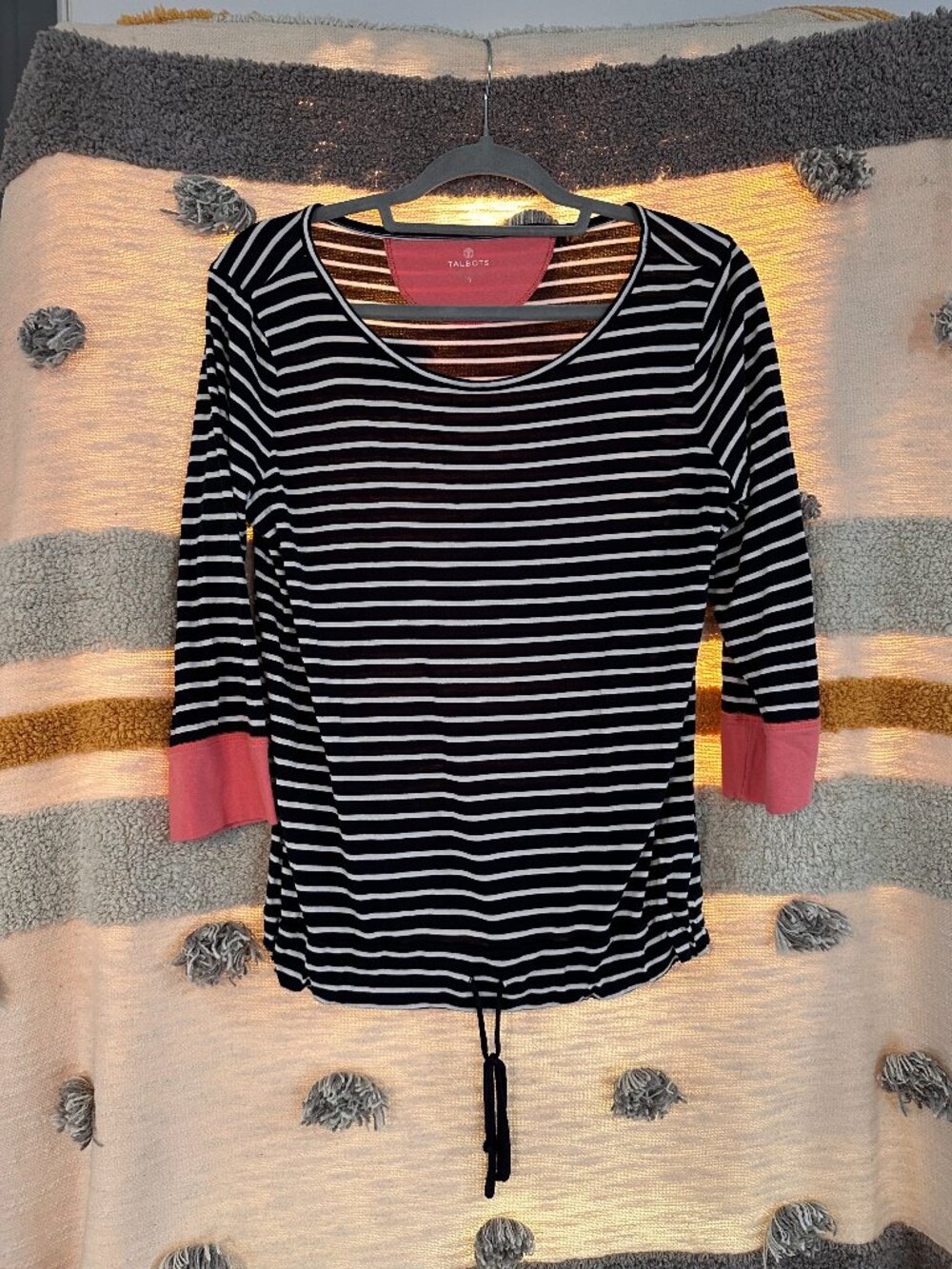 Talbots 3/4-Sleeve Striped Drawstring Hem Top - Medium